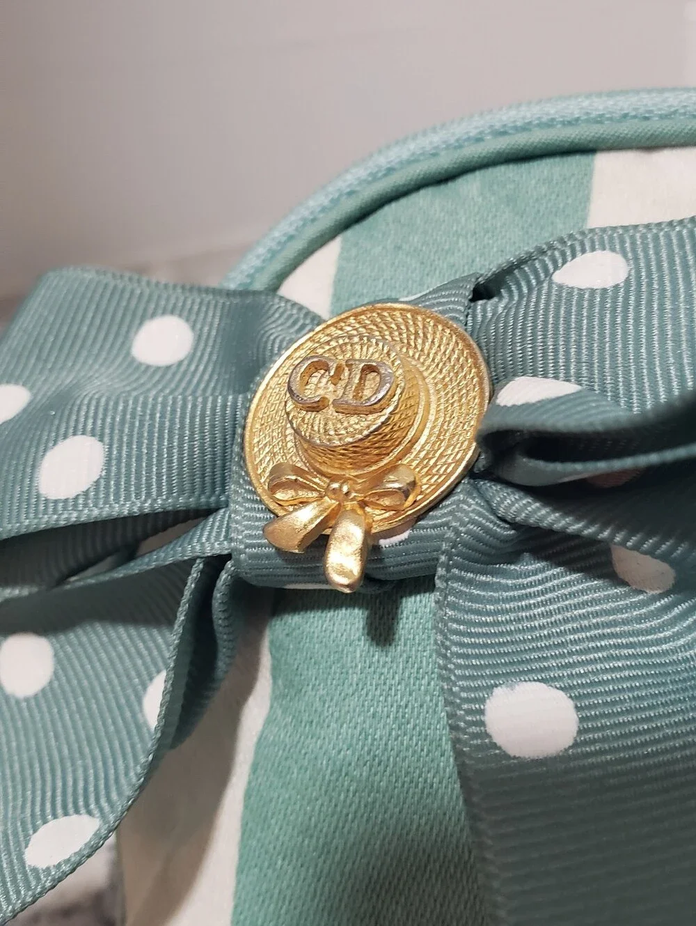 Christian Dior Green Stripe Cosmetic Polka-dot Bow Pouch with Gold Tone CD pin